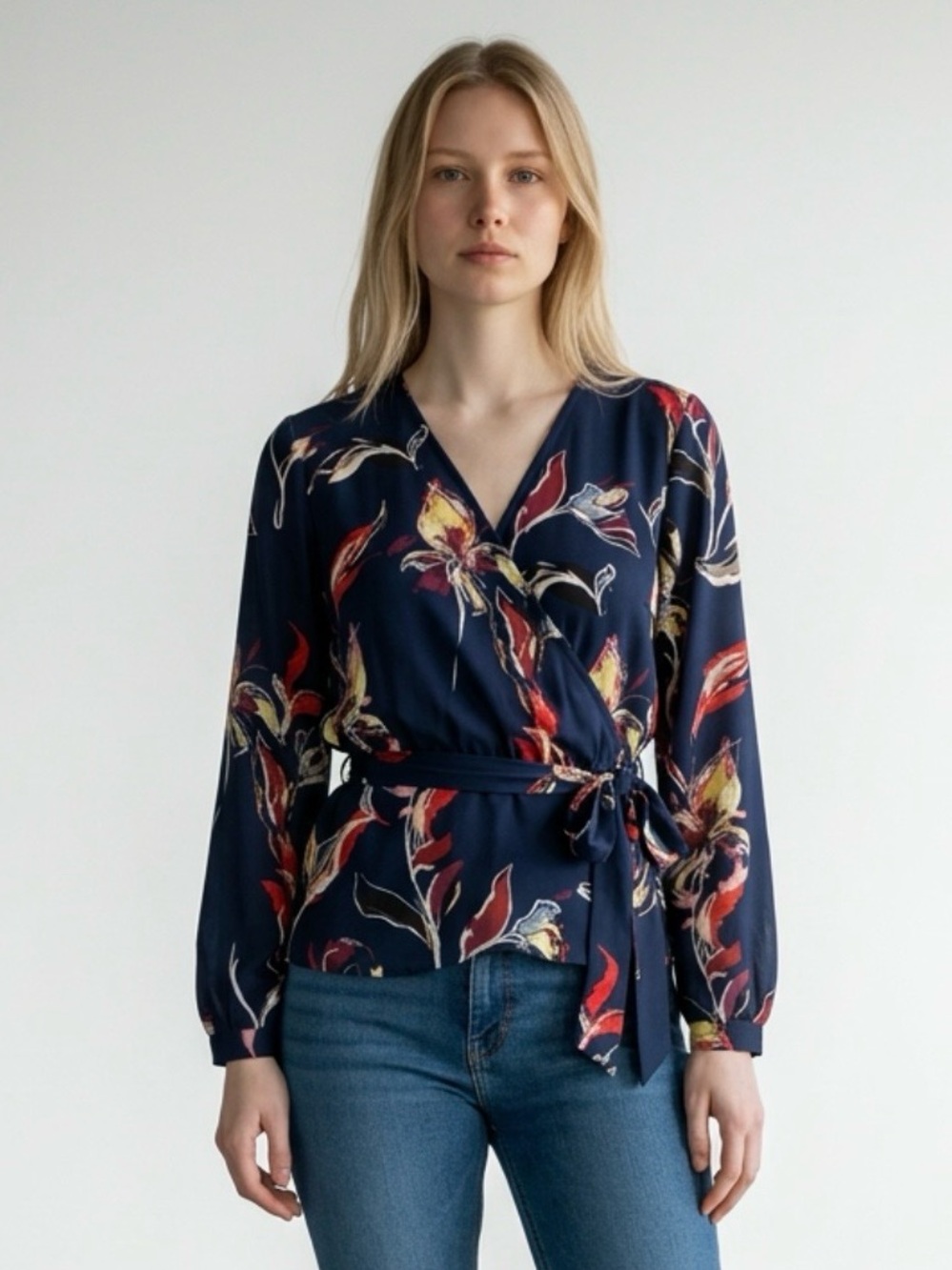 Bar III Navy Floral Faux Wrap Blouse with Tie Waist Size L